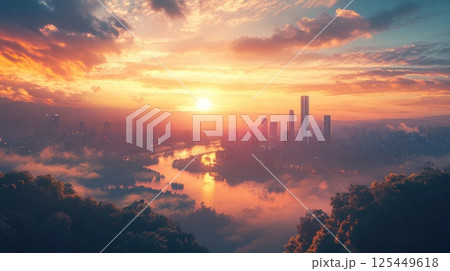 Vibrant sunrise over a misty city skyline. 125449618