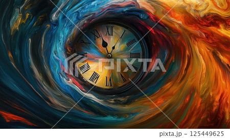 Abstract swirling colors surrounding an antique clock face. 125449625