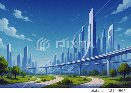 未来都市の高層ビル群と空中道路｜近未来SF風景イラスト（風景・建築） 125449674
