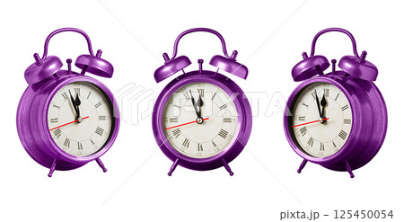 set collection retro clock, watch, pointer clock, Pink color alarm clock on isolated white background 125450054