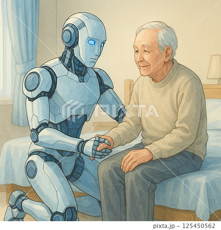 高齢者を介助するAIロボットのイラスト（人物・福祉・テクノロジー） 125450562