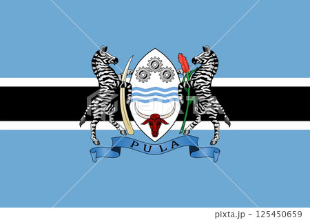 The official current flag and coat of arms of Republic of Botswana. State flag of Botswana. Illustration. 125450659