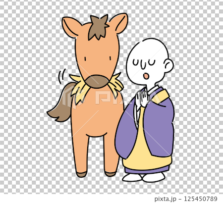 Illustration of a horse and a monk - Prayer in the horse's ears 125450789