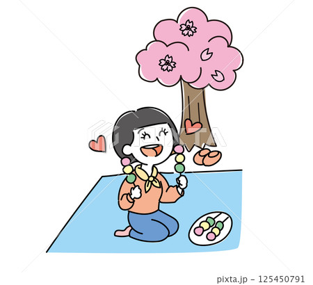 桜の木の前でお団子を食べる女の子のイラスト・花より団子 125450791