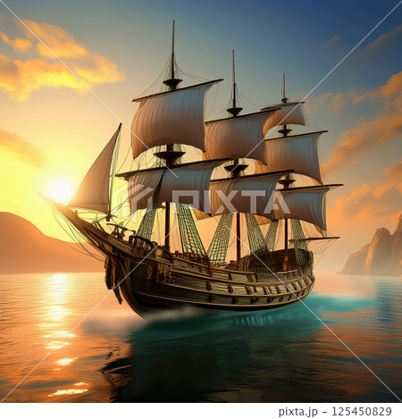 Generative AI Sailing Ship at Sunset 125450829