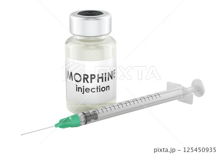 Morphine, morphia vial injection and syringe. 3D rendering Morphine, morphia vial injection and syringe. 3D rendering 125450935