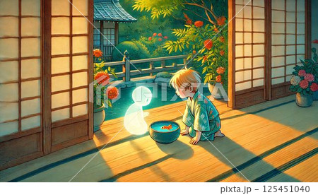 金魚鉢をのぞき込む子どもと、ぼんやりと見える透明な友達 金魚鉢をのぞき込む子どもと、ぼんやりと見える透明な友達 125451040