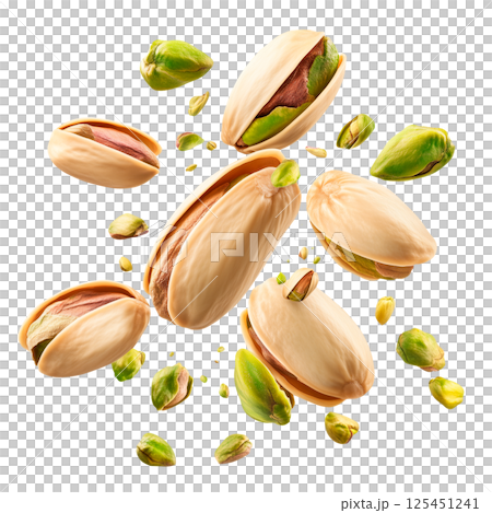 Pistachio nuts with beige shells and green kernels, isolated on a transparent background. Whole and opened pistachios, scattered nuts in various positions, realistic surface and natural texture. 125451241