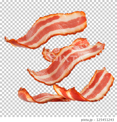 Crispy fried bacon slices isolated on a transparent background. Curved strips of cooked pork with visible fat layers and browned texture, floating arrangement for food and design projects. 125451243