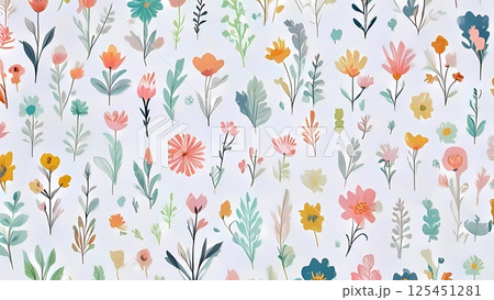 春の優しい色使いのオシャレな植物やお花の白バックのイラスト 春の優しい色使いのオシャレな植物やお花の白バックのイラスト 125451281