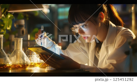ビーカーの反応を観察する科学者（ai生成画像） 125451292