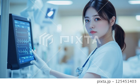 モニターで患者のバイタルを確認する看護師（ai生成画像） 125451403