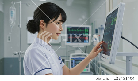 モニターで患者のバイタルを確認する看護師（ai生成画像） 125451404