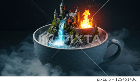 Enchanted castle with waterfall and fire in a mystical teacup fantasy scene 125451436