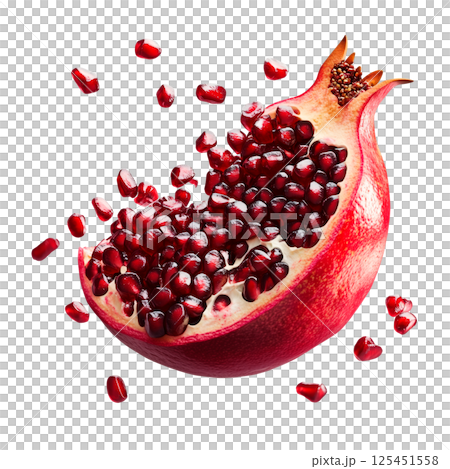 Half pomegranate with scattered seeds isolated on a transparent background. Ripe red fruit with glossy arils and textured peel, opened section with visible juicy pulp for food and design projects. 125451558
