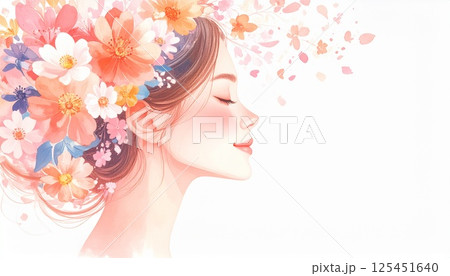 女性の横顔(右向き)と美しい花 コピースペース付き 女性の横顔(右向き)と美しい花 コピースペース付き 125451640
