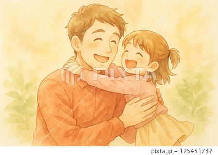 父の日に笑顔で飛びつく子供と喜ぶお父さんの水彩画イラスト 125451737