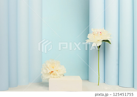 Empty premium podium and beautiful flower arrangement with peonies,Stage for product display and business concept for shopping promotion. elegant beauty concept, minimal modern aesthetic Empty premium podium and beautiful flower arrangement with peonies,Stage for product display and business concept for shopping promotion. elegant beauty concept, minimal modern aesthetic 125451755