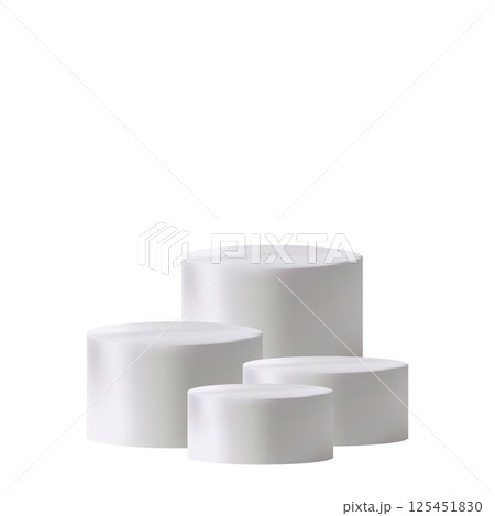 Four white cylindrical podiums of different heights are elegantly arranged on a white background. Their clean design and placement emphasize a modern style and provide space for showcasing multiple pr 125451830