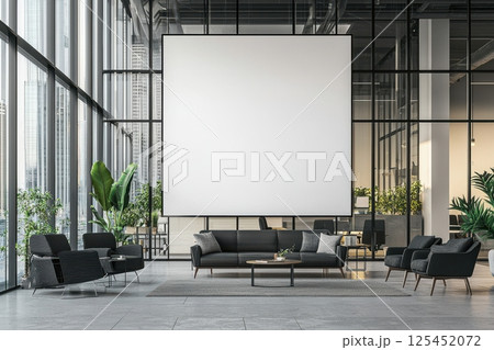 Bright modern office space with blank screen in urban interior design 125452072