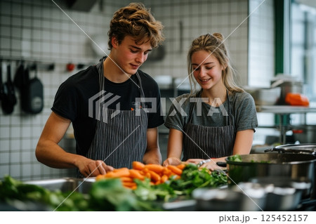 Culinary preparation event with young chefs in modern kitchen cooking environment focus on collaboration 125452157