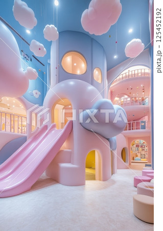 Playful indoor playground adventure imagination land fun space cheerful environment wide angle creative design 125452192