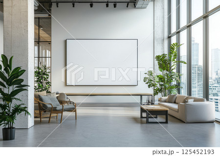 Modern office interior with blank canvas urban cityscape photography contemporary design wide-angle view minimalism 125452193