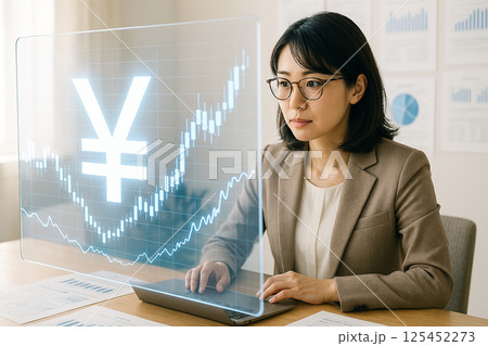 通貨分析に集中する日本人女性 125452273