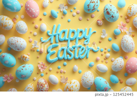 Top view of a colorful easter egg hunt celebration in a festive setting 125452445