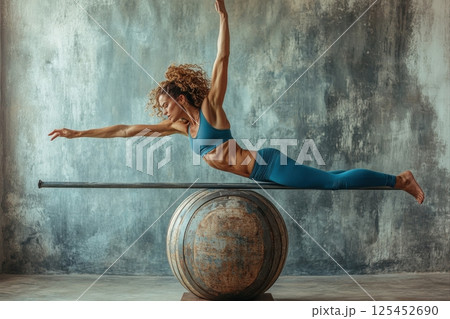 Dynamic gymnastics performance on a globe indoor studio photograph artistic setting side angle balance and strength concept 125452690