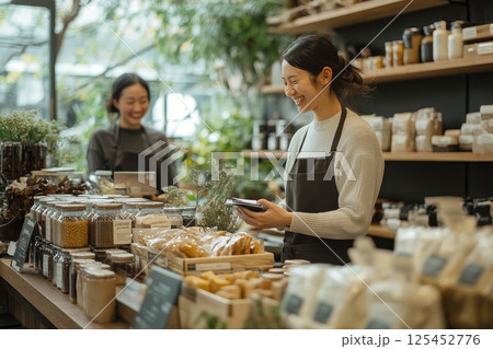 Local organic store customer interaction in a bright farmers market environment 125452776