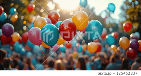 Colorful balloon celebration at a park gathering festive atmosphere vibrant viewpoint joyful community spirit 125452837