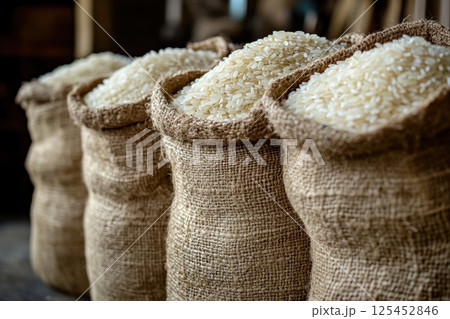 Rice storage bags local market food products rustic environment close-up view agricultural concept 125452846