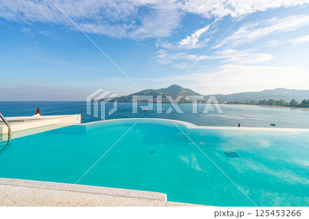 Tropical sea with Luxury villa house sea view in modern design,Summer Vacation and travel background concept Tropical sea with Luxury villa house sea view in modern design,Summer Vacation and travel background concept 125453266