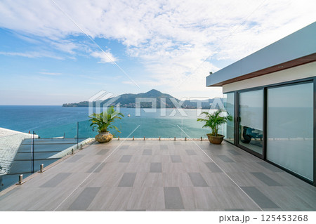 Tropical sea with Luxury villa house sea view in modern design,Summer Vacation and travel background concept Tropical sea with Luxury villa house sea view in modern design,Summer Vacation and travel background concept 125453268