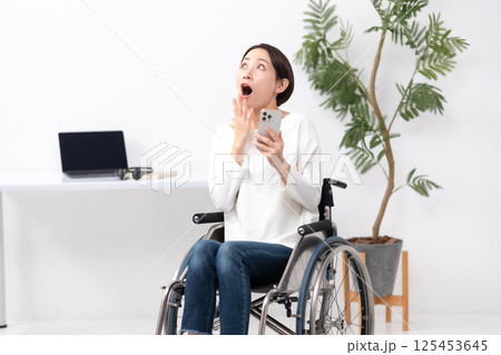 車椅子の女性　在宅ワーク　スマホ　驚く 125453645
