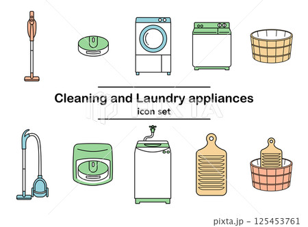 洗濯、掃除に必要な家電と道具のシンプルな手描き線画イラスト_掃除機、洗濯機、洗濯板、桶（カラー） 125453761