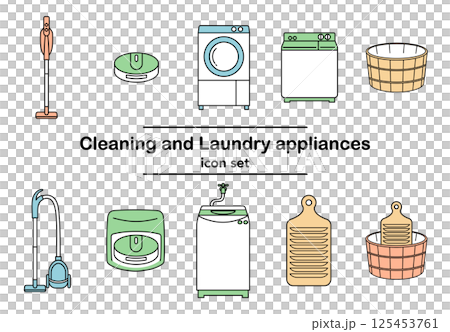 洗濯、掃除に必要な家電と道具のシンプルな手描き線画イラスト_掃除機、洗濯機、洗濯板、桶（カラー） 125453761