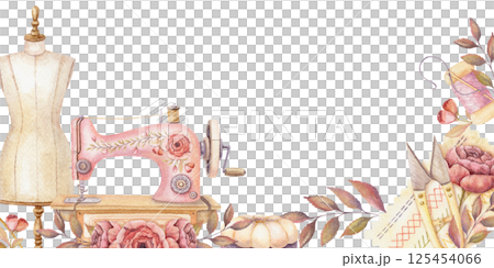 Watercolor banner with mannequin and sewing machine. Hand drawn vintage template with thread snips and floral copy space. Perfect for tailor shop or atelier advertising background and web design. 125454066