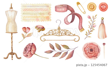 Set of dressmaking accessories and needlework in watercolor. Hand drawn vintage floral elements with mannequin and clothes hanger. Fashion industry and craft hobby kit. Perfect for atelier design. Set of dressmaking accessories and needlework in watercolor. Hand drawn vintage floral elements with mannequin and clothes hanger. Fashion industry and craft hobby kit. Perfect for atelier design. 125454067