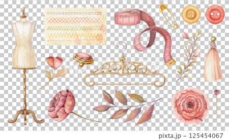 Set of dressmaking accessories and needlework in watercolor. Hand drawn vintage floral elements with mannequin and clothes hanger. Fashion industry and craft hobby kit. Perfect for atelier design. 125454067