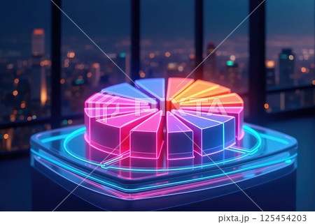 Neon 3D Pie Chart on Glass Platform with Night Skyline Background 125454203