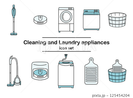 洗濯、掃除に必要な家電と道具のシンプルな手描き線画イラスト_掃除機、洗濯機、洗濯板、桶（単色カラー） 125454204