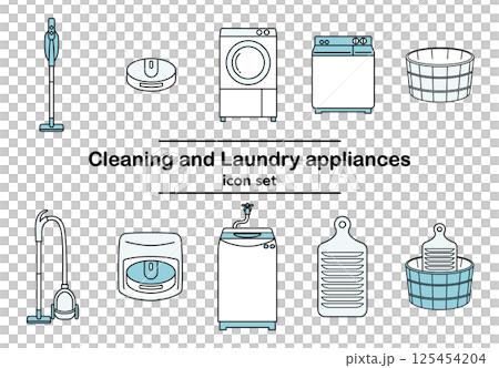 洗濯、掃除に必要な家電と道具のシンプルな手描き線画イラスト_掃除機、洗濯機、洗濯板、桶（単色カラー） 125454204