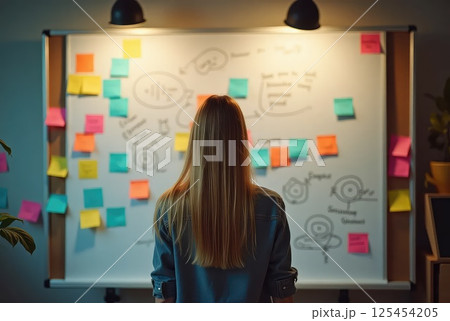 Creative Professional Woman Brainstorming in Front of a Sticky Note Whiteboard 125454205