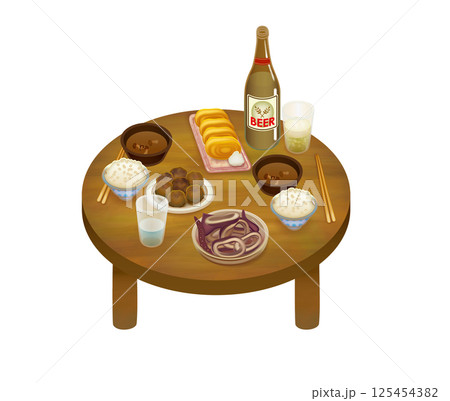 ちゃぶ台の上に置かれた料理のイラスト 125454382