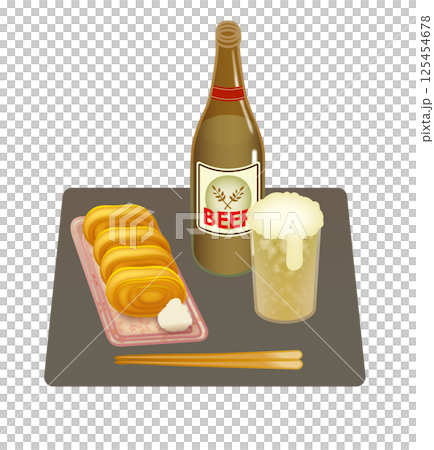 A stylish illustration of delicious tamagoyaki and beer 125454678