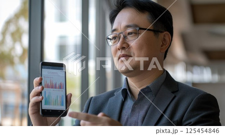 Focused businessman reviewing data graphs on his smartphone. 125454846
