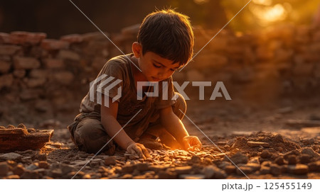 Child playing with rocks at sunset in a rural construction site Child playing with rocks at sunset in a rural construction site 125455149