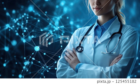 Confident doctor, arms crossed, network background, healthcare concept 125455182